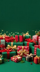 Vertical shot of numerous festive christmas gift boxes stacked against rich green background with bright fairy lights