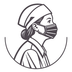 A monochromatic illustration of a healthcare worker in profile, wearing a surgical cap, face mask, and medical uniform symbolizing professionalism, dedication, and the vital role of medical personnel.