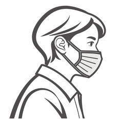 A side-profile view of a person (appearing female, with short hair) wearing a surgical face mask that covers the mouth and nose. The style is minimalist and illustrative.