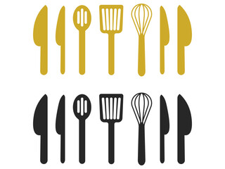 Kitchen utensil and cutlery silhouettes, gold and black cooking tools for restaurant menu design