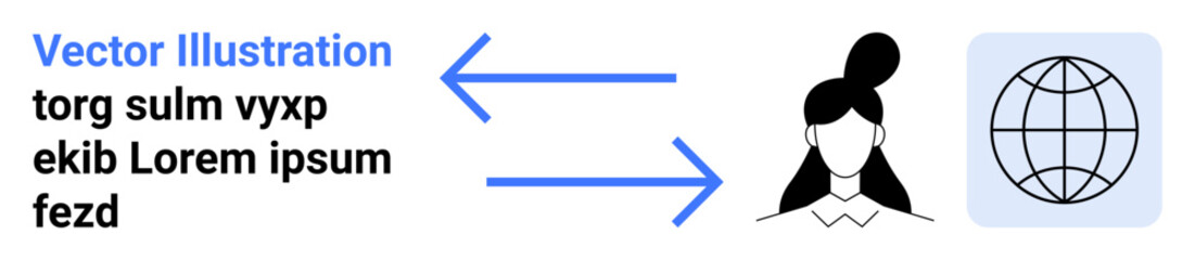 Global communication, networking, connection, online identity, data sharing, digital interaction. A person profile connected to a globe with arrows. Global communication and networking concept