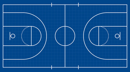 Clean basketball court line diagram with full markings and blueprint-style layout, suitable for coaching materials, sports graphics, strategy planning, and educational designs.