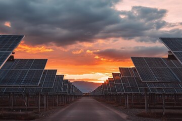 Rows of photovoltaic solar panels generating renewable energy during a beautiful sunset with dramatic clouds. Sustainable electricity power plant concept in a natural landscape