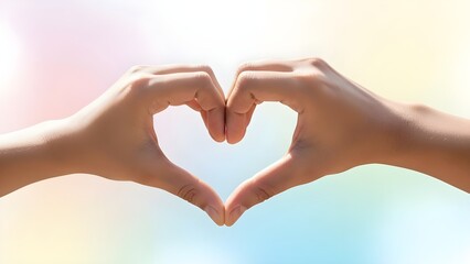 Hands forming a heart shape with gentle sunlight flare on a blurred outdoor background
