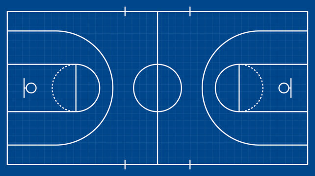 Clean basketball court line diagram with full markings and blueprint-style layout, suitable for coaching materials, sports graphics, strategy planning, and educational designs.