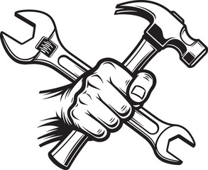 hand holding hammer and adjustable wrench crossed tools