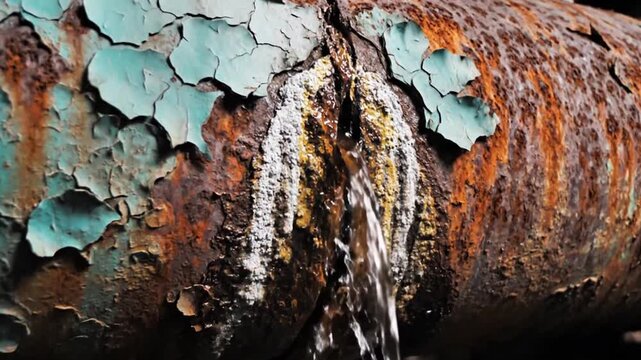 Corroded, rusty metal pipe with peeling paint actively leaking water, illustrating infrastructure decay and urgent maintenance