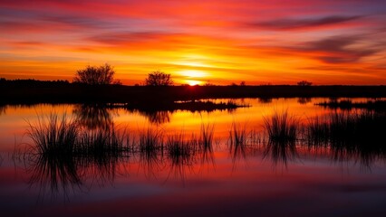 Obraz premium Spectacular Fiery Sunset Sky Reflected in Calm Wetland Waters: Vibrant Orange, Red, and Crimson Hues Mirroring the Dramatic Twilight Landscape Silhouette.