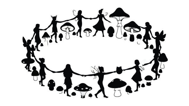 Whimsical silhouettes of fairies dancing in a circle with magical mushrooms