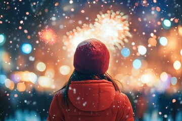 Person in red winter hat watches festive fireworks and falling snow at night with bokeh lights.