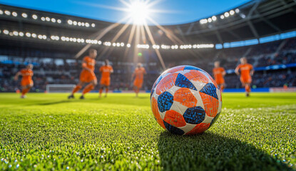 Professional Soccer Ball On Green Grass In a Large Stadium