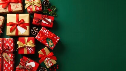 Collection of meticulously wrapped christmas presents and natural winter accents arranged on vibrant green background generating ample copy space