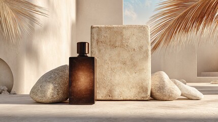 Perfume bottle and stone arrangement with palm frond, casting shadows, on textured surface