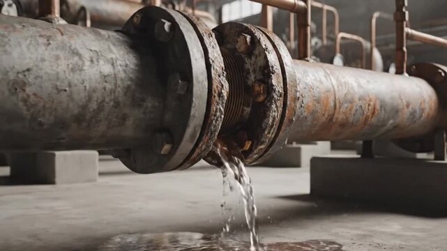 Industrial Pipeline Under Stress Heavily Corroded Section Leaks Water, Indicating Urgent Infrastructure Repair and Maintenance Needs