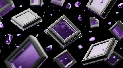 Floating, metallic square frames with purple centers and scattered, crystalline shards against a black backdrop