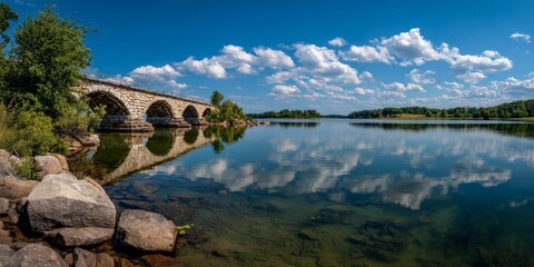 Scenic Stone Bridge Over Calm River Under Bright Blue Sky with White Clouds