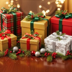 Elegant christmas gift boxes with holly leaves on wooden surface