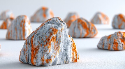 Textured abstract rocks, showing rough surfaces and striking orange/grey patterns on a neutral background