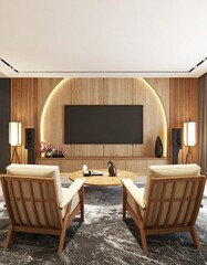 A modern living room with elegant wooden armchairs, a television, and warm illuminated arch.