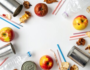 White background with garbage: crumpled plastic bottles, straws, shopping bags, apple cores, rotten apples, cans, all arranged around, big blank background in the middle, top view.