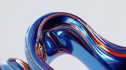Metallic, flowing, abstract form against a soft, white backdrop. Reflective, glossy surfaces