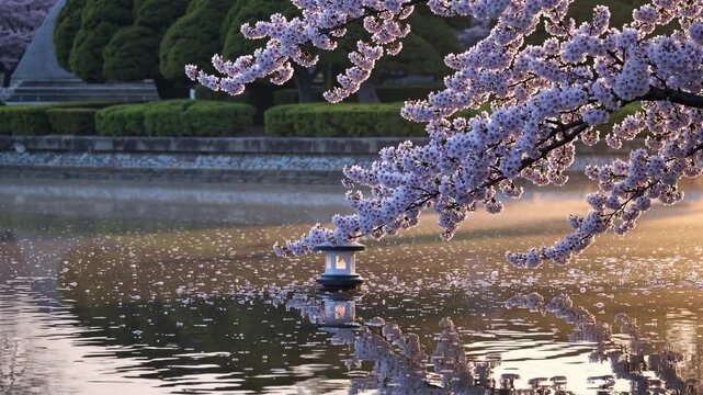 cherry branches over tranquil pond dusk shimmering reflections, stone lantern by water, petals drifting across surface, trimmed topiary in background, warm golden light, serene meditative atmosphere