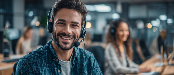A smiling man wearing a headset sits in a modern office environment with colleagues in the background