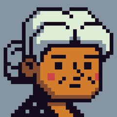 Pixel art portrait of elderly woman with gray hair. Retro 8-bit style character avatars, profile icon, UI element, sticker, and indie digital project