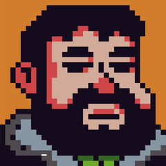 Pixel art portrait of adult man with beard and tired expression. Retro 8-bit style character for game characters, avatars, profile icons, UI elements, stickers, and indie digital projects.