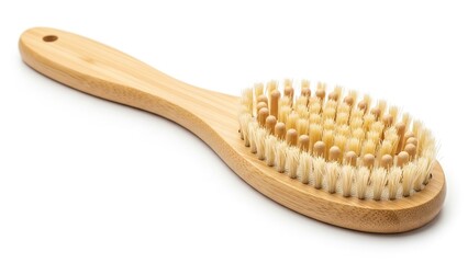 Natural wooden body brush with handle and soft bristles isolated on white background for spa dry brushing and skincare exfoliation