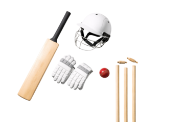 Cricket Gear Arrangement on White Background