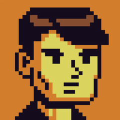Pixel art avatar portrait of stylized human character with expressive face and dark hair. Retro 8-bit style illustration suitable for game avatars, RPG characters, NPC portraits, user profiles.
