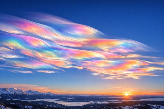 Iridescent Nacreous Clouds Glow Over a Snowy Mountain Sunset - Powered by Adobe