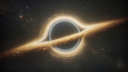 A highly realistic photo simulating a closeup of a black hole, showcasing its gravitational distortion, event horizon, and surrounding accretion disk in stunning cosmic detail.

