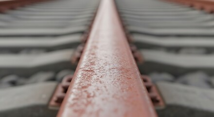 Worn railway track with rust and stone, conveying history and transport