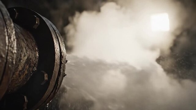 Steam Escaping from a Large Industrial Pipe Against a Bright, Blurred Background