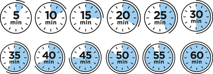 Timer, clock, stopwatch isolated set icons. Countdown timer symbol icon set. Label cooking time. Vector illustration.Set of analog clocks for every hour icon.Stopwatch icon from 1 to 60 minute timer