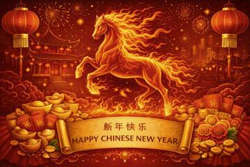 Fire Horse with Gold Ingots and Illuminated Temple for Chinese New Year