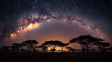Acacia Trees Under The Milky Way With Orange Horizon Glow