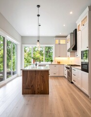 A bright and modern kitchen features a wooden island, white cabinets, and large .