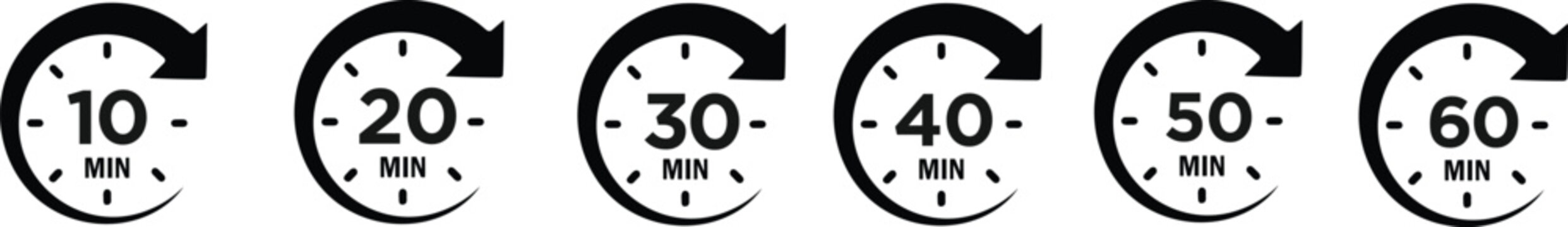Timer, clock, stopwatch isolated set icons. Countdown timer symbol icon set. Label cooking time. Vector illustration.Set of analog clocks for every hour icon.Stopwatch icon from 1 to 60 minute timer