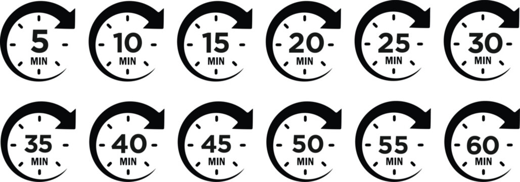 Timer, clock, stopwatch isolated set icons. Countdown timer symbol icon set. Label cooking time. Vector illustration.Set of analog clocks for every hour icon.Stopwatch icon from 1 to 60 minute timer