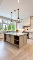 A bright and spacious modern kitchen interior featuring a large central island with pendant lighting.