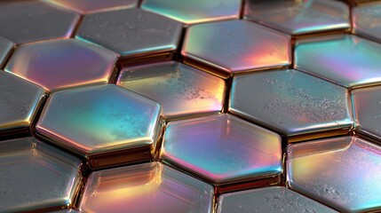 Close up macro of luxury gold, marble and holographic hexagon tiles background. 3D rendered geometric honeycomb pattern with iridescent texture and shallow depth of field.
