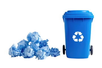 A blue recycling bin with the recycling symbol, alongside a pile of crumpled, blue paper