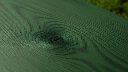 Close-up of a green wooden surface with visible wood grain and a knot detail.