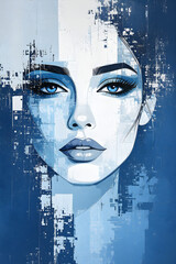 Digital Portrait of a Woman with Blue Eyes and Glitch Effect