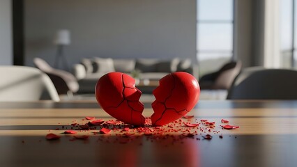 A shattered red heart rests on a wooden table, representing the pain of a broken relationship and loss