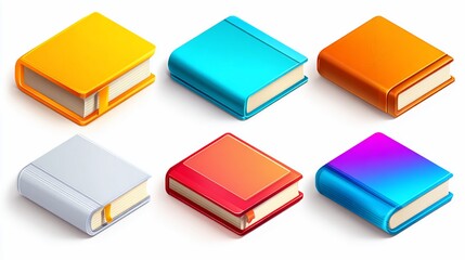 Isometric view of six vibrant, colorful books, rendered with soft shadows on a white background