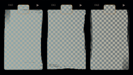 Set of three vertical paper mockup templates featuring a subtle checkered pattern and rough grunge edges on a dark background. Each layout has a worn, printed look with distressed borders and halftone